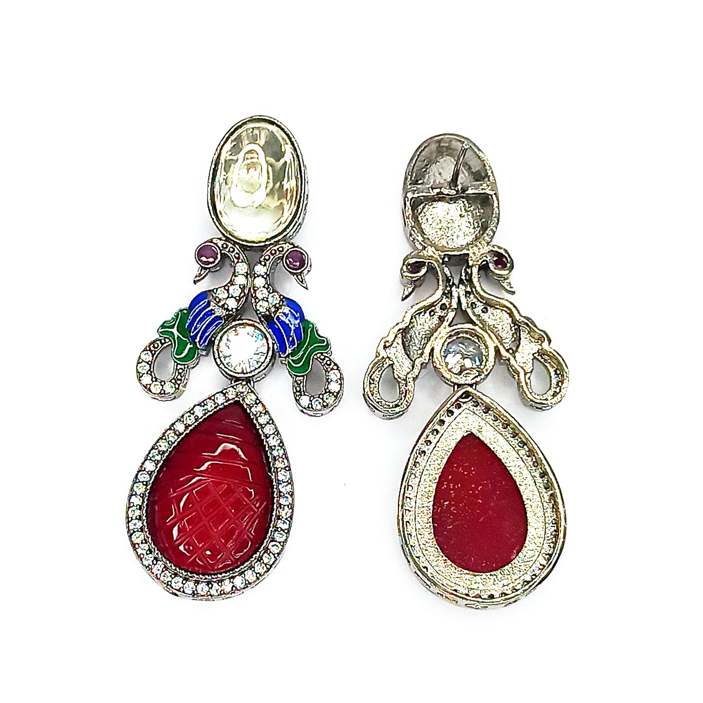 Regal Peacock Maroon & White Kundan Earrings