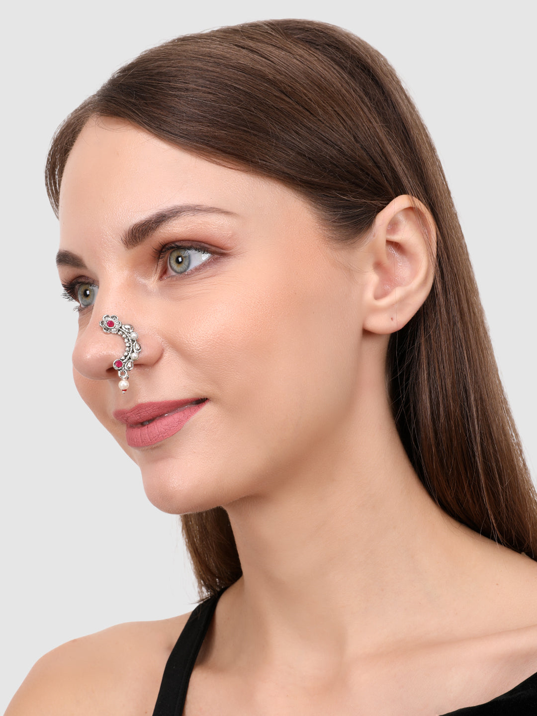 Oxidised Sliver-Plated & CZ Studded Maharashtrian Nath