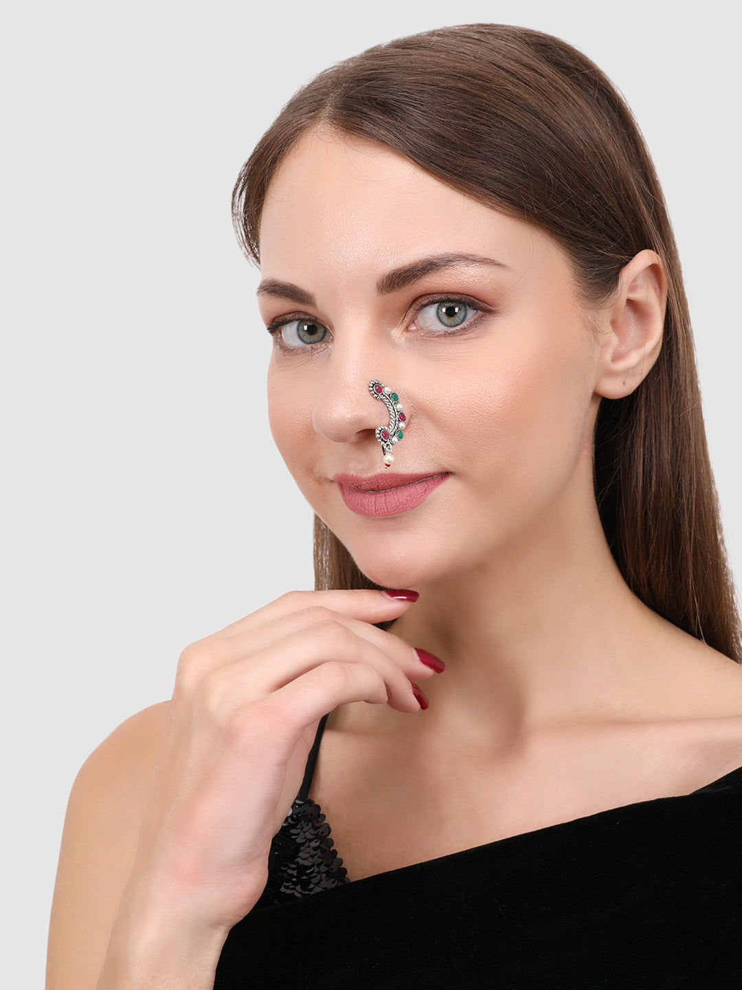 Oxidised Sliver-Plated & CZ Studded Maharashtrian Nose Pin