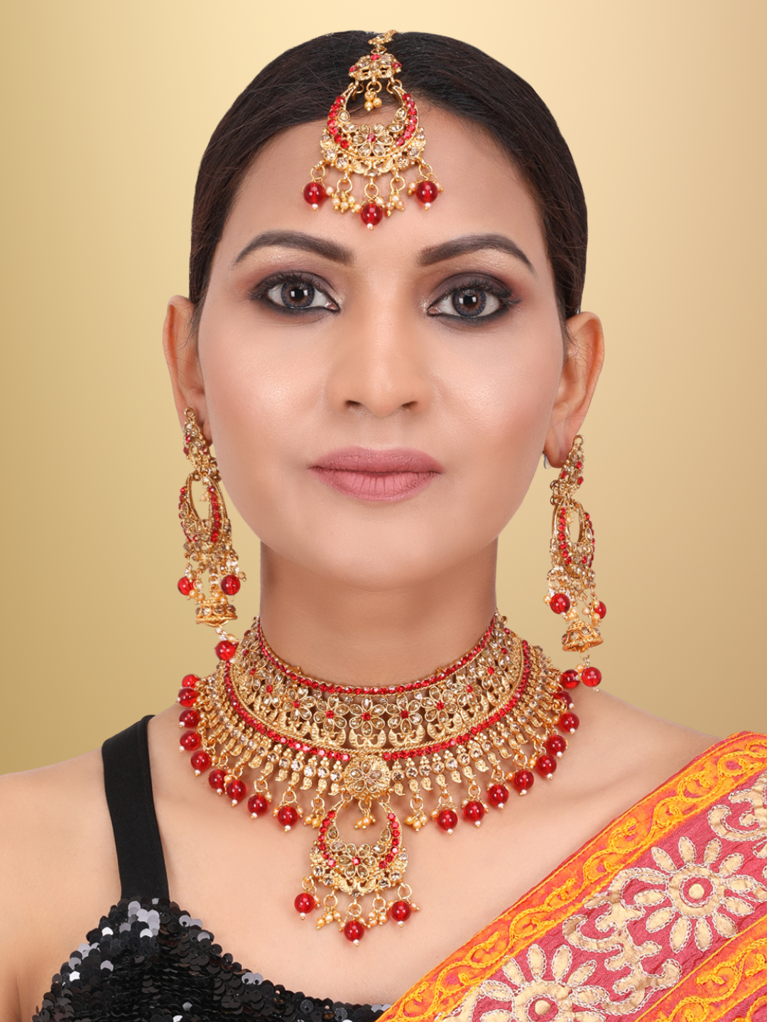 Gold Toned & Red Brass Gold Plated Choker Set With Earrings & Maangtika