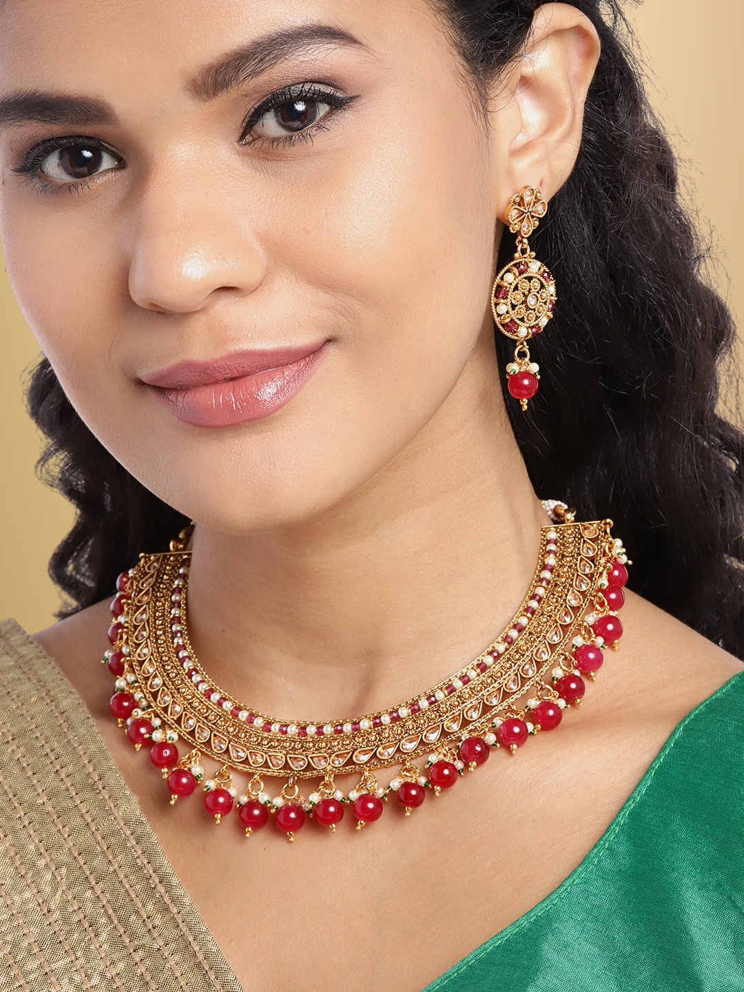 Red Gold-Plated CZ-Studded & Artificial Beaded Handcrafted Jewellery Set