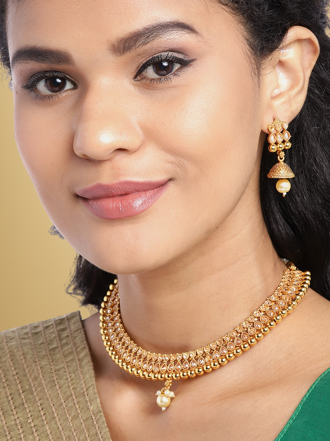 Gold-Plated CZ-Studded & Artificial Beaded Handcrafted Jewellery Set