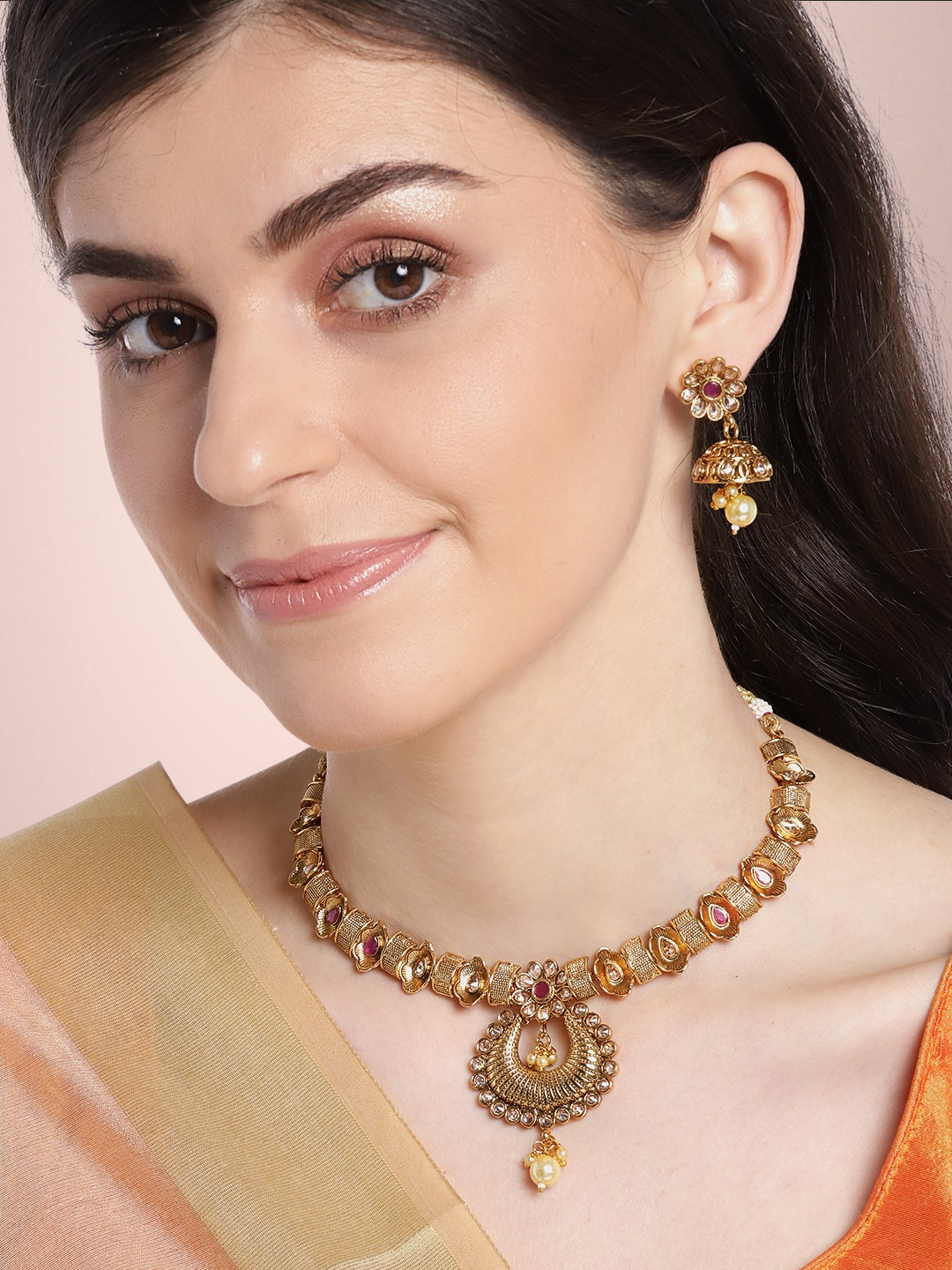 Magenta Antique Gold-Plated CZ-Studded & Beaded Handcrafted Jewellery Set