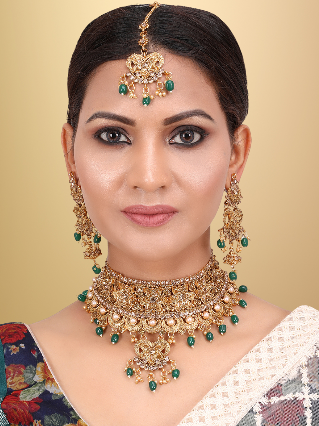 PENNY JEWELS Gold Plated Bridal Green Beads Choker with Designer Jhumka & Maangtika