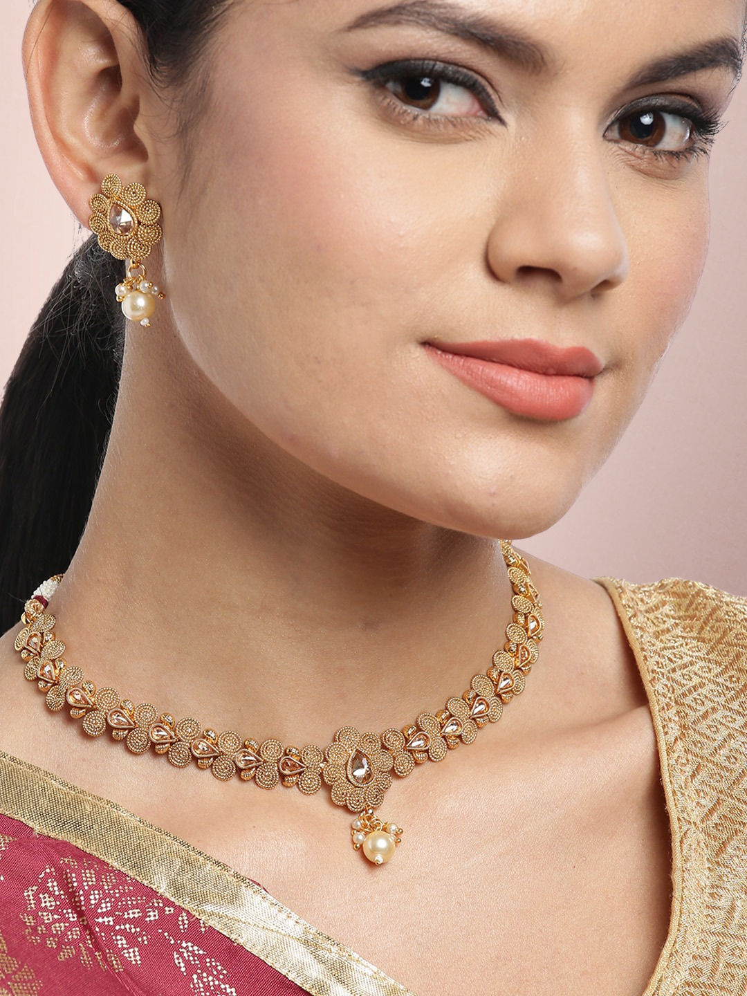 Off-White Gold-Plated Handcrafted Stone-Studded Beaded Jewellery Set ( American Diamond , Gold , Off White )