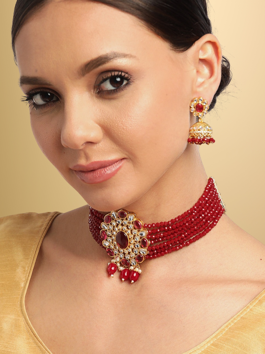 Gold-Plated & Maroon Pearls Beaded Jewellery Set