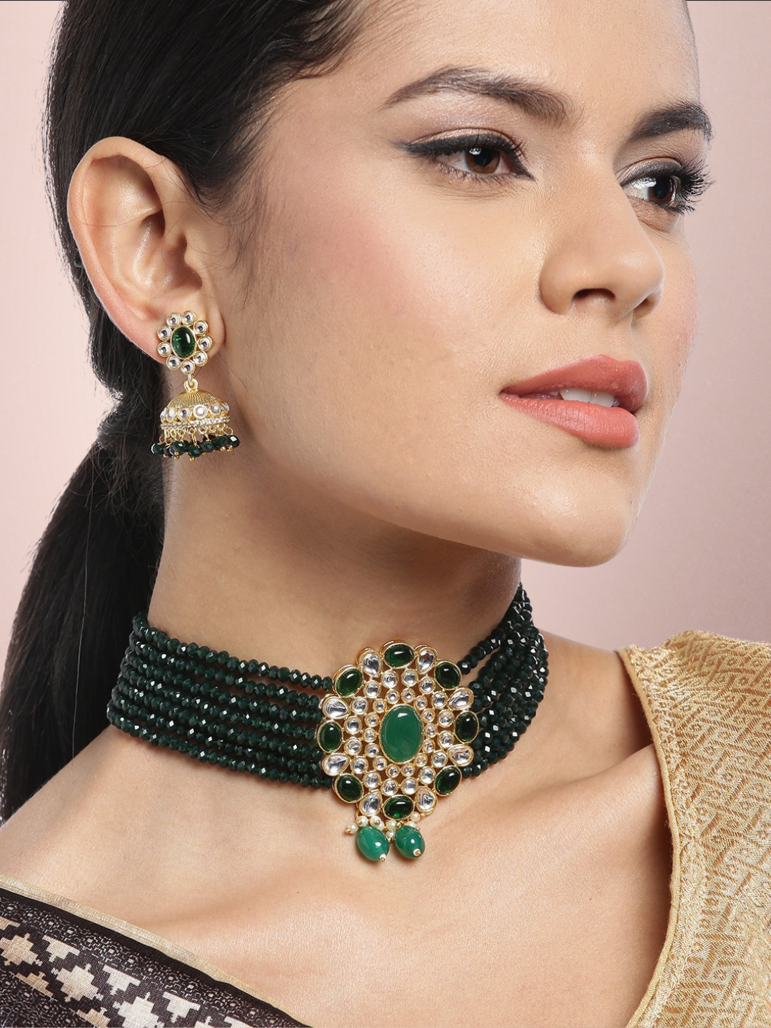 Green Gold-Plated Handcrafted Kundan-Studded Beaded Jewellery Set