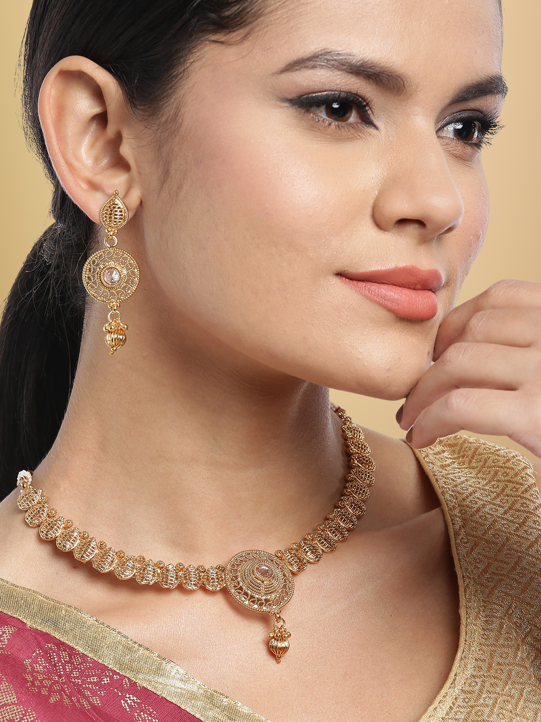 Gold-Plated Handcrafted Stone-Studded Beaded Jewellery Set