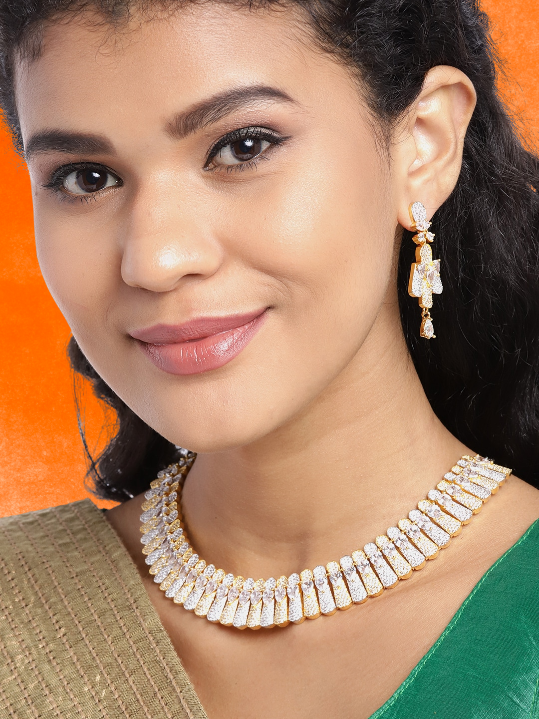 Silver-Toned Gold-Plated AD-Studded Handcrafted Jewellery Set