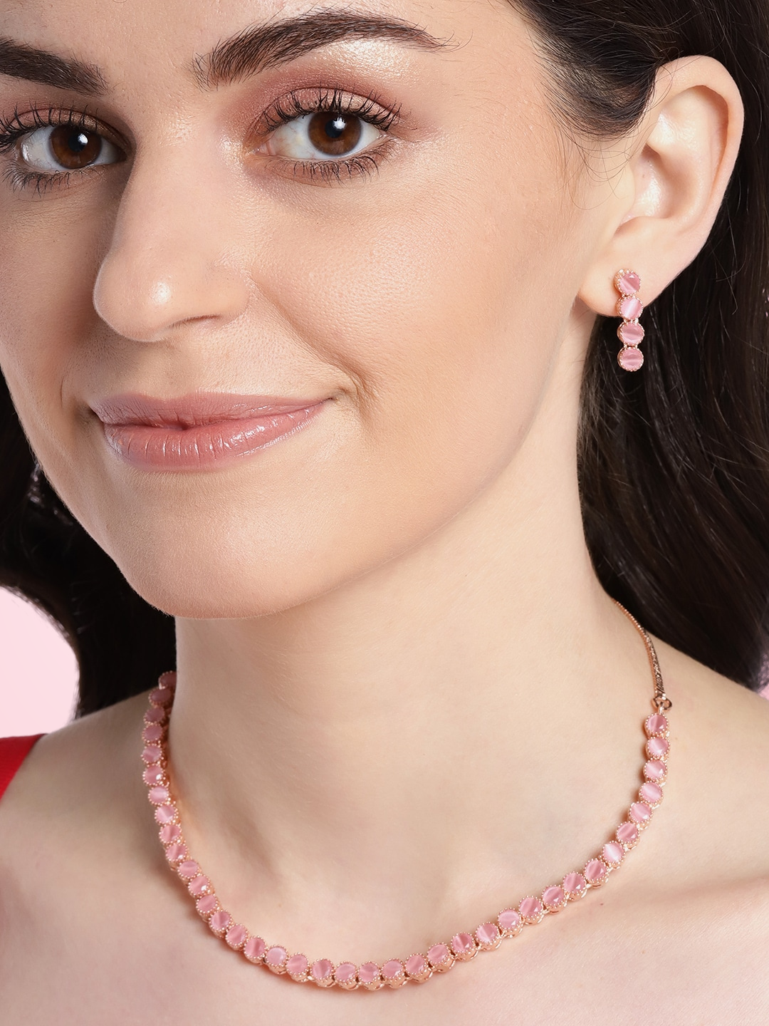 Pink Rose Gold-Plated AD-Studded Handcrafted Jewellery Set