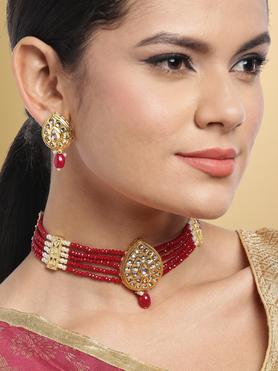 Maroon Gold-Plated Handcrafted Kundan-Studded Beaded Jewellery Set