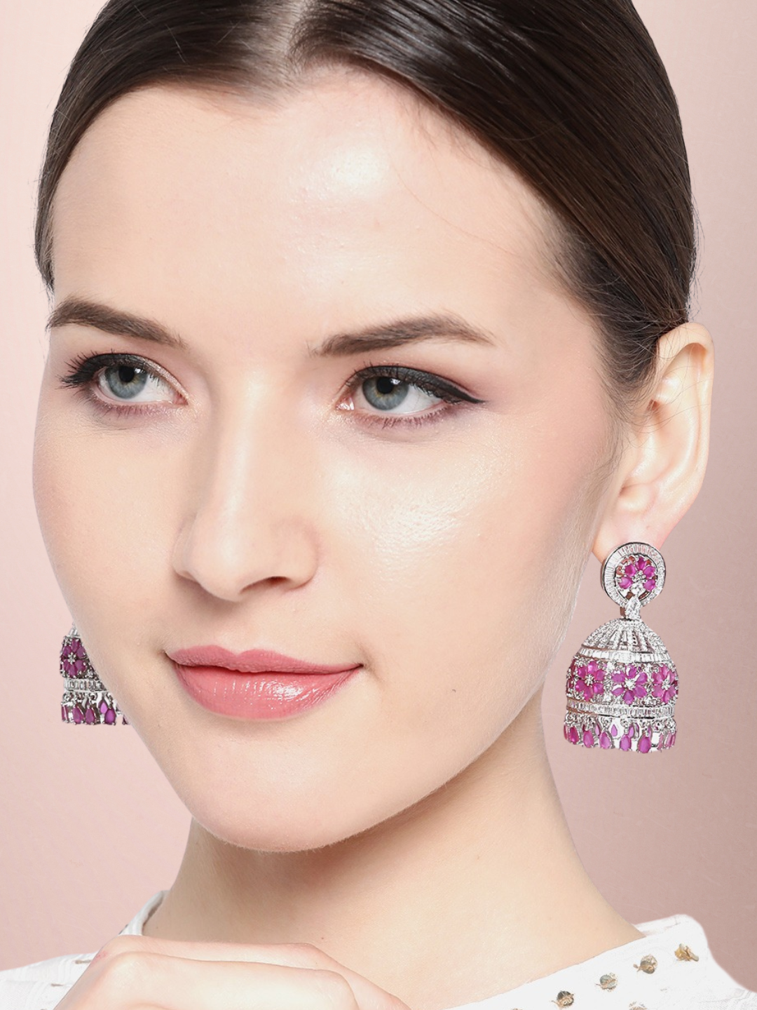 Pink Silver-Plated AD Studded Handcrafted Dome Shaped Jhumkas