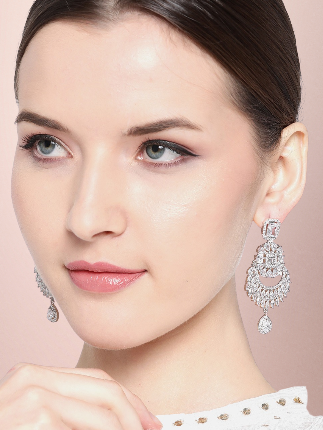 Silver-Plated AD-Studded Handcrafted Crescent Shaped Chandbalis