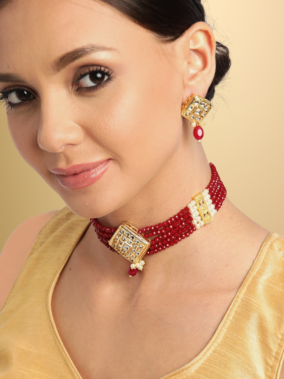 Maroon Gold-Plated Handcrafted Kundan-Studded Jewellery Set