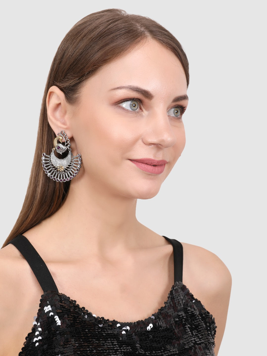 Silver-Toned Oxidized Contemporary Drop Earrings