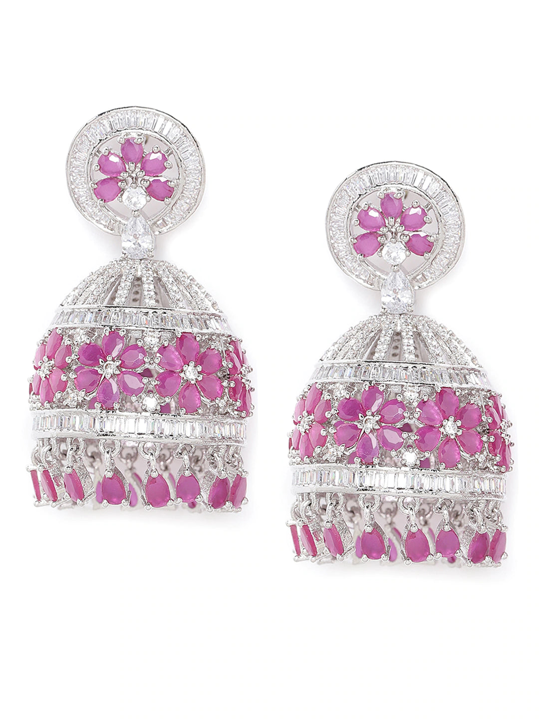 Pink Silver-Plated AD Studded Handcrafted Dome Shaped Jhumkas