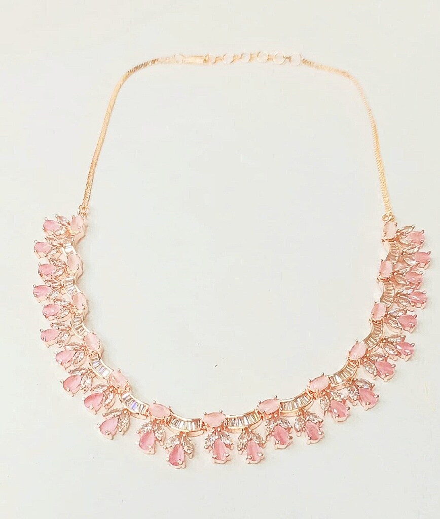 Pink and Rose Gold Plated American diamond Necklace Set