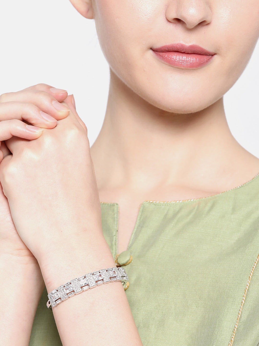 Women Silver- Plated AD Stone Studded Handcrafted Bangle Style Bracelet