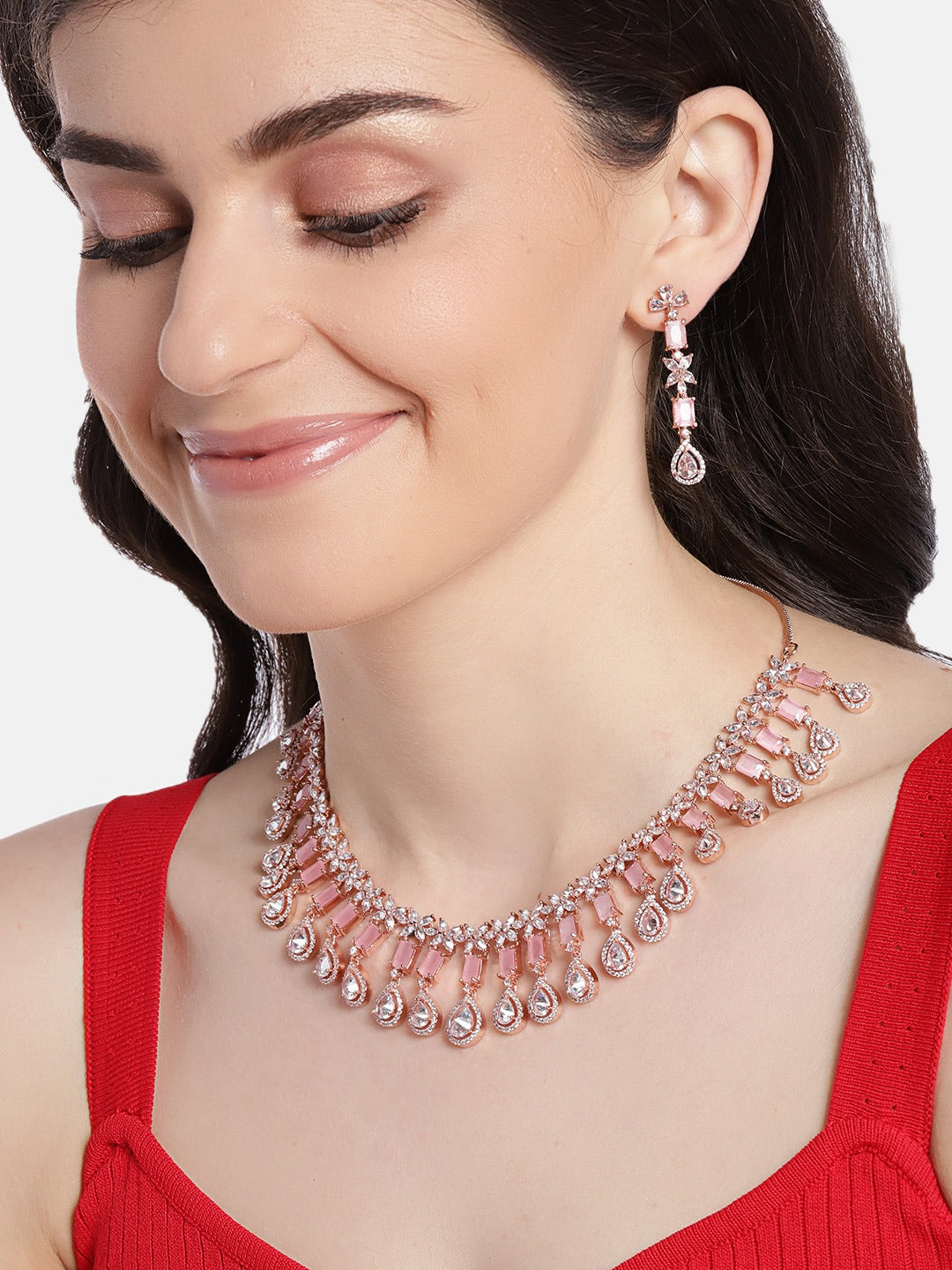 Pink Rose Gold-Plated AD-Studded Handcrafted Jewellery Set ( American Diamond , Rose Gold , Pink )