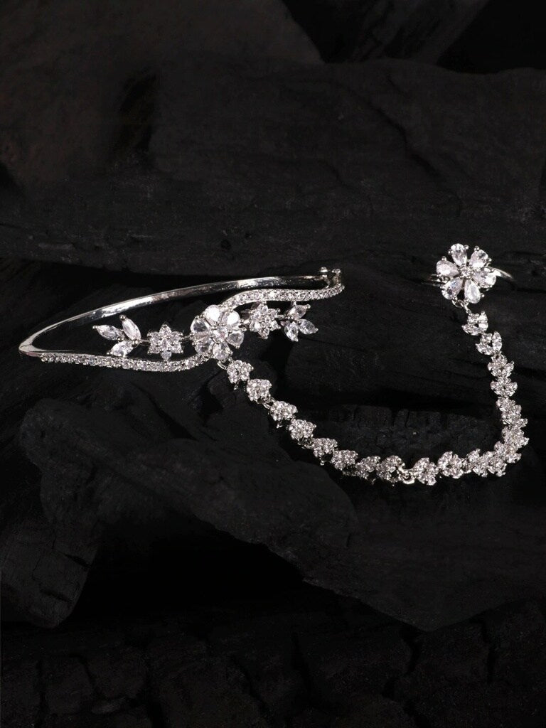 Women Silver-Toned & White American Diamond Handcrafted Silver-Plated Ring Bracelet