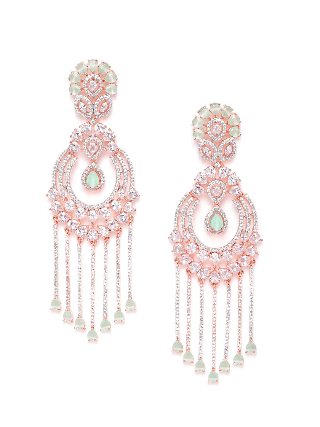Sea Green Rose Gold-Plated AD Stone-Studded Handcrafted Drop Earrings