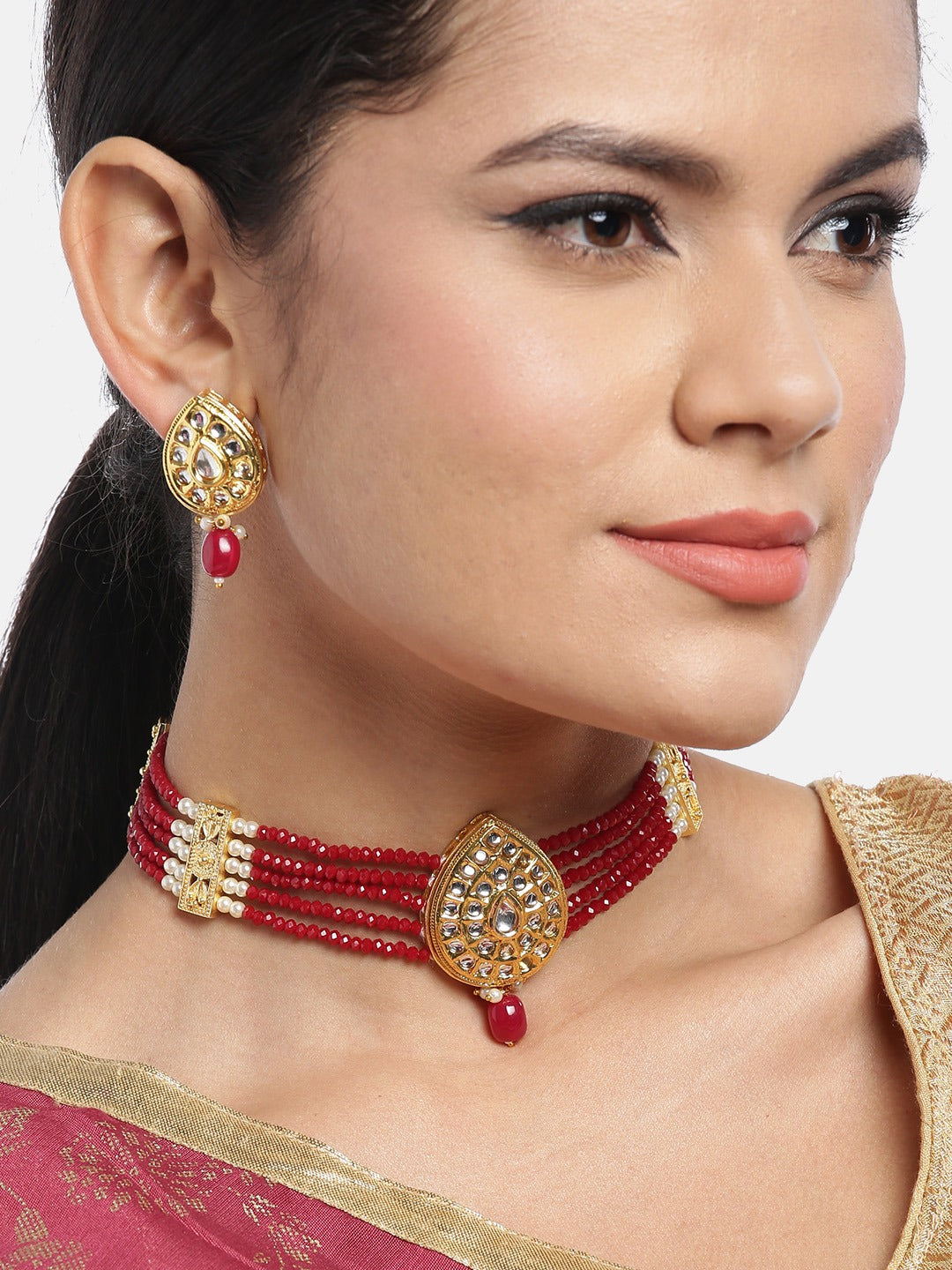 Maroon Gold-Plated Handcrafted Kundan-Studded Beaded Jewellery Set