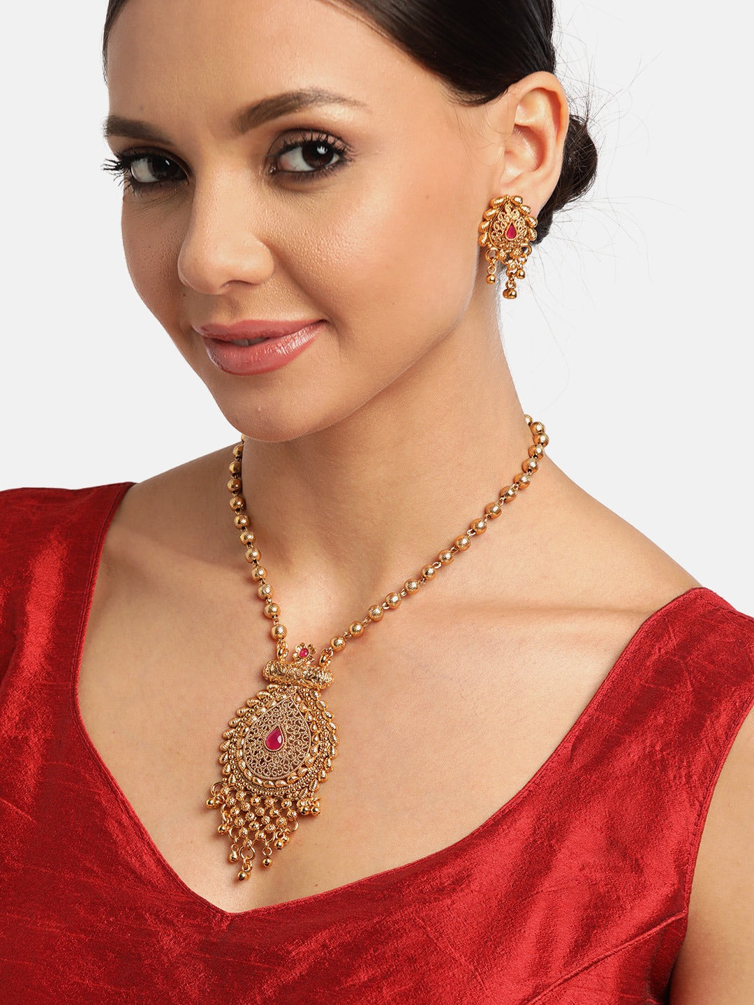 Jewels Gehna Pink Gold-Plated Stone Studded Handcrafted Jewellery Set
