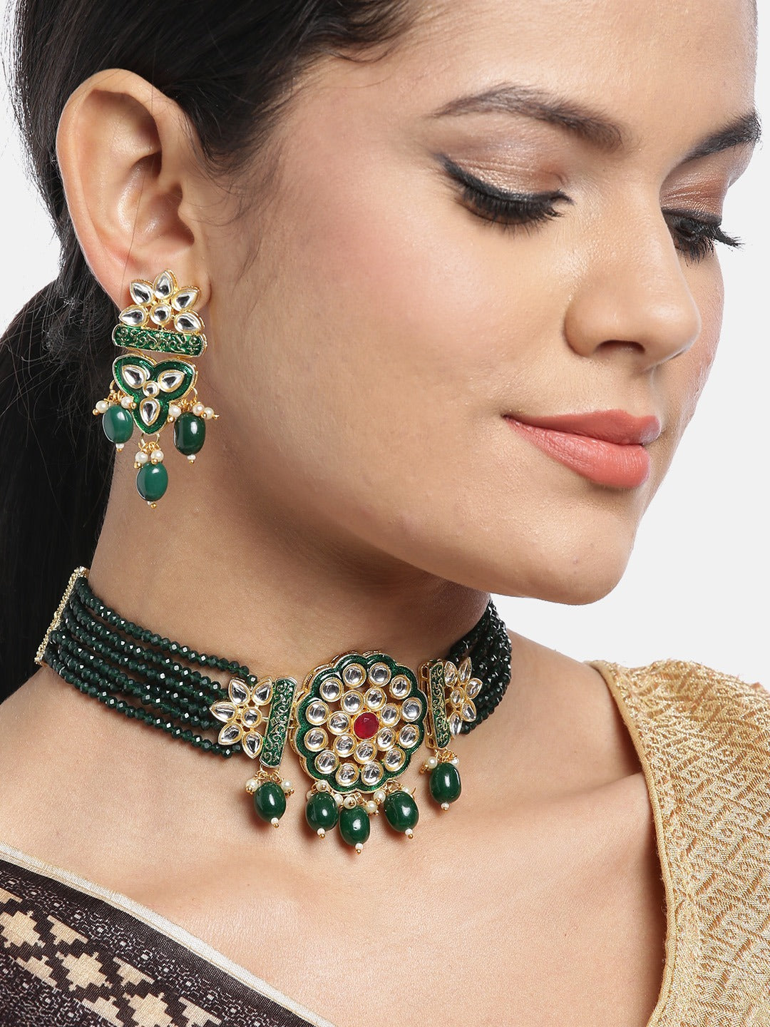 Women Pink & Green Gold Plated Choker Jewellery Set