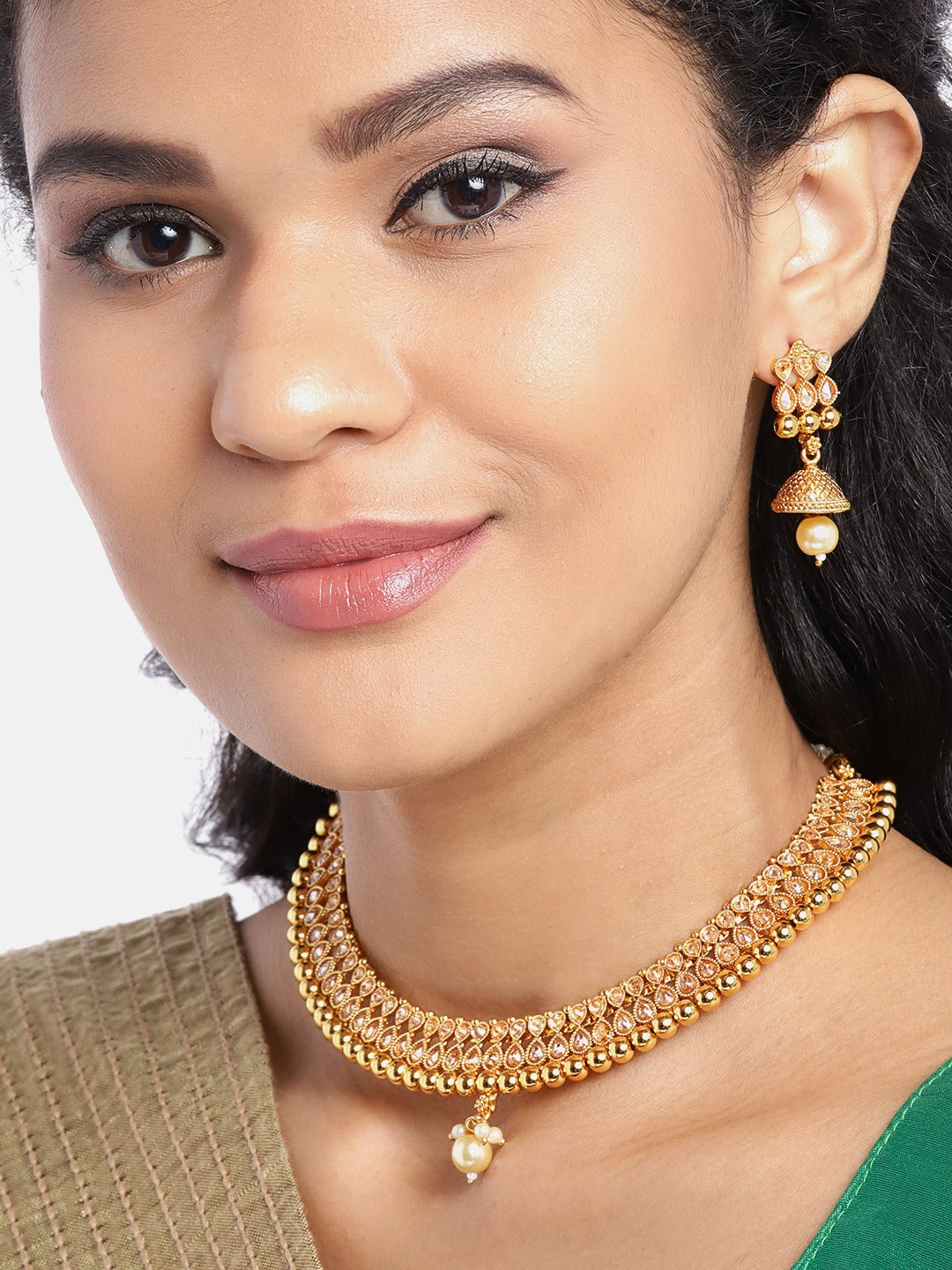 Gold-Plated CZ-Studded & Artificial Beaded Handcrafted Jewellery Set