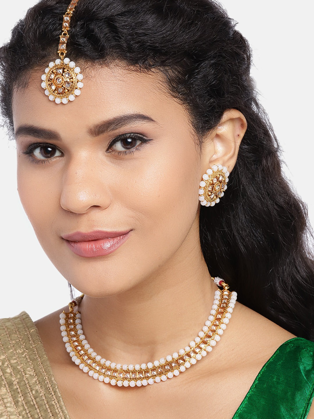 White Gold Plated Cubic Zirconia Studded Handcrafted Jewellery Set ( American Diamond , Gold , White )