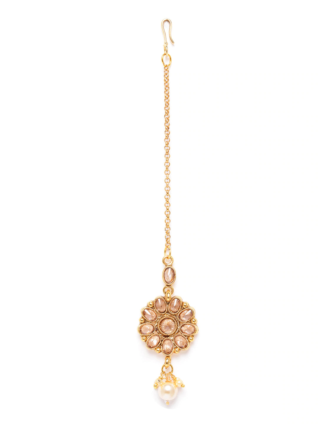 Off-White Gold-Plated Stone-Studded & Beaded Floral Shaped Maang Tikka