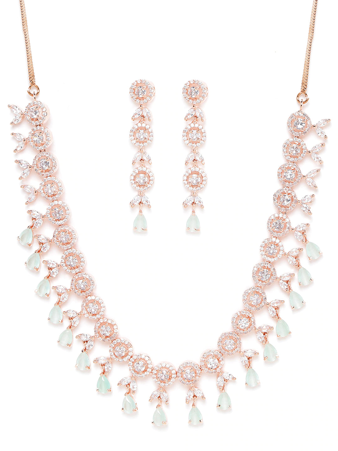 Sea Green Rose Gold-Plated AD-Studded Handcrafted Jewellery Set
