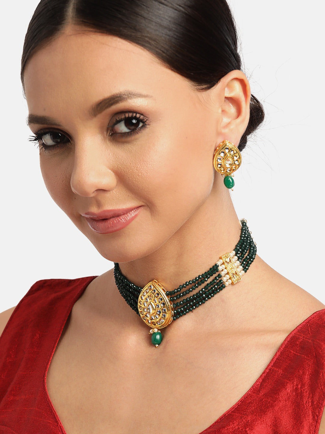 Green Gold-Plated Handcrafted Kundan-Studded Beaded Jewellery Set