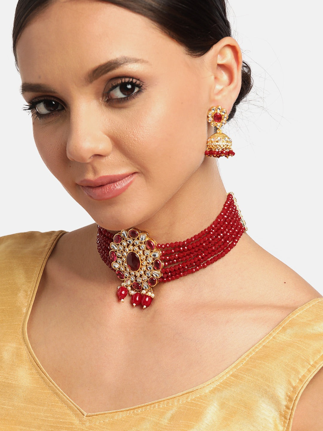 Gold-Plated & Maroon Pearls Beaded Jewellery Set