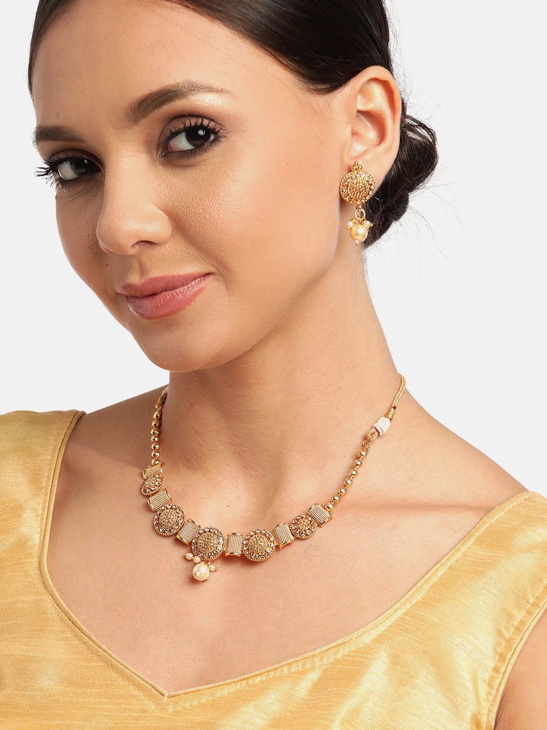 White Gold-Plated Stone Studded & Beaded Handcrafted Jewellery Set