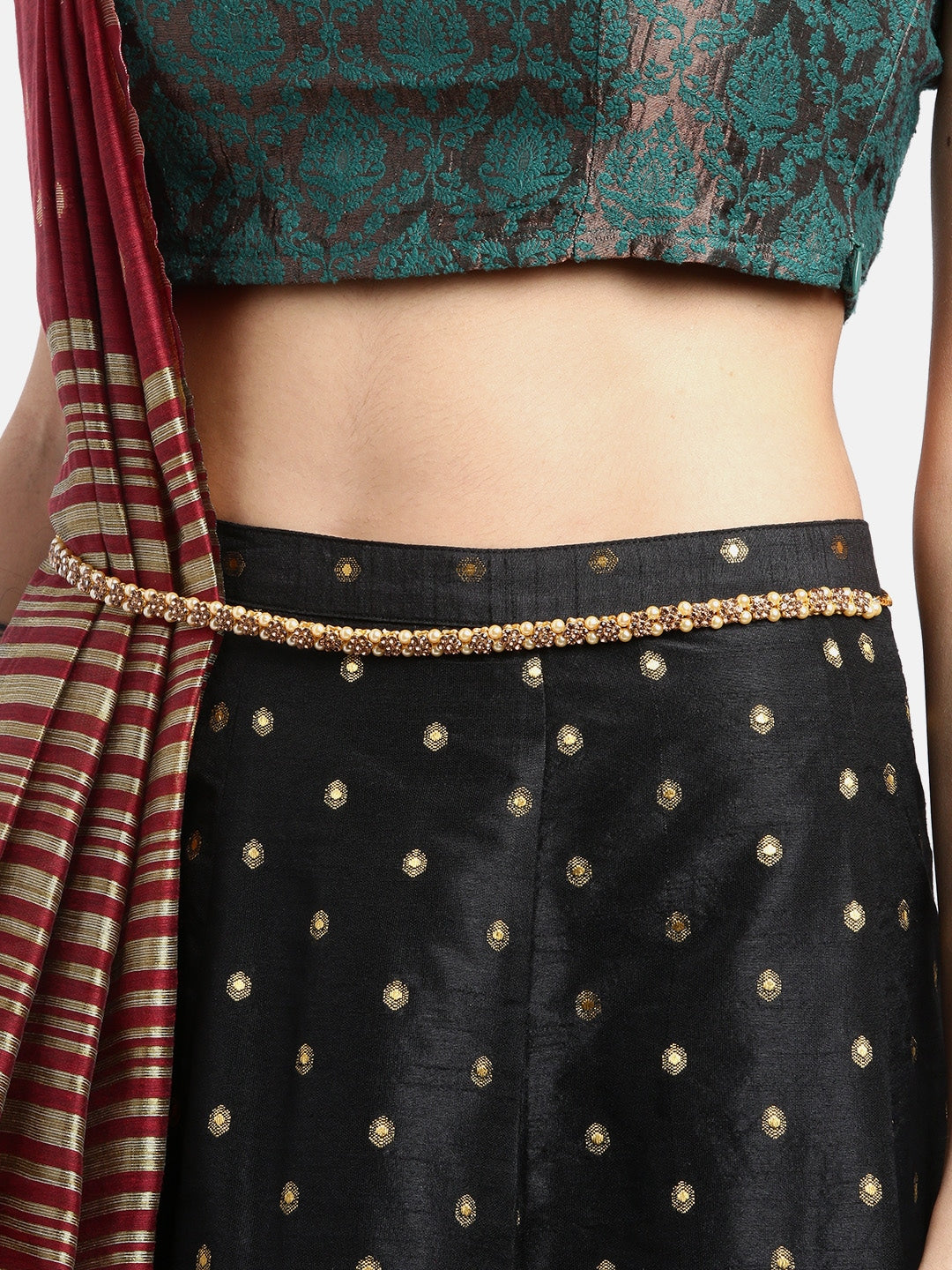Off-White Gold Plated CZ-Studded & Beaded Handcrafted Kamarbandh ( American Diamond , Gold , Off White )