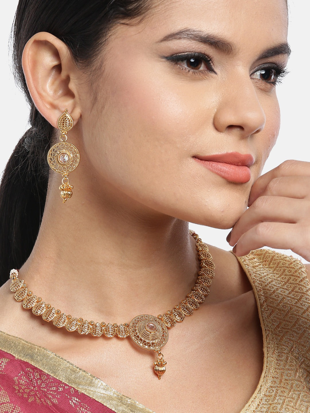 Gold-Plated Handcrafted Stone-Studded Beaded Jewellery Set