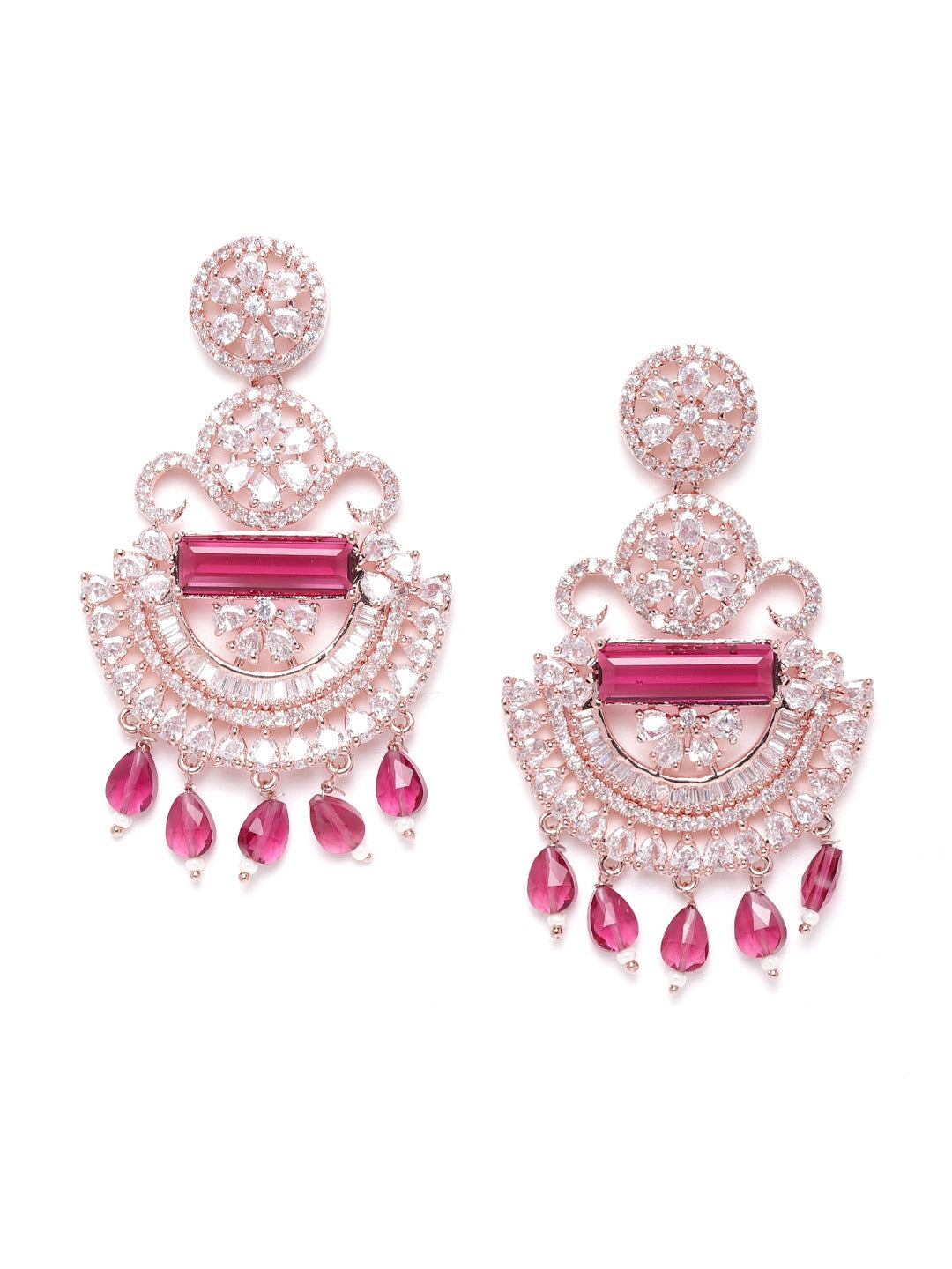 Maroon Rose Gold-Plated Handcrafted CZ-Studded Contemporary Drop Earrings