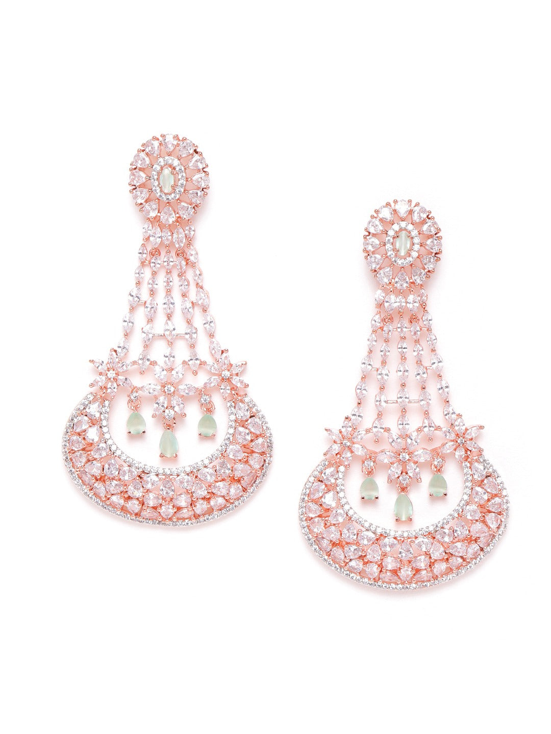 Sea Green Rose Gold-Plated Handcrafted AD-Studded Contemporary Drop Earrings