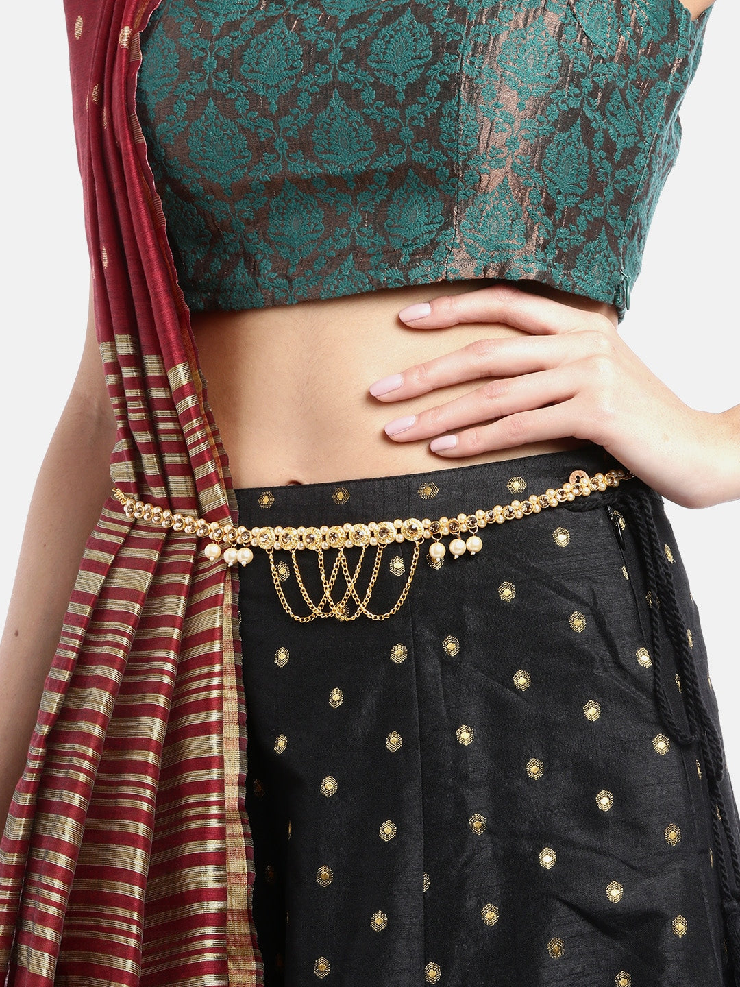 Off-White Gold-Plated CZ-Studded & Beaded Handcrafted Kamarbandh