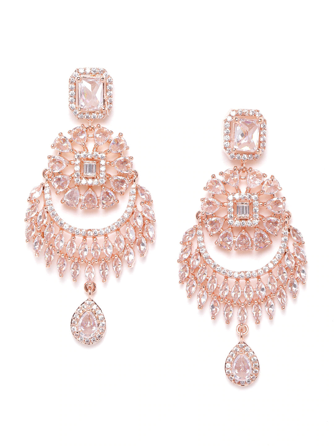 Rose Gold-Plated Handcrafted AD-Studded Crescent-Shaped Drop Earrings