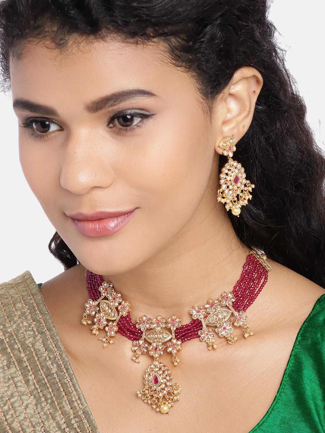 Jewels Gehna Pink Gold Plated Stone Studded & Beaded Jewellery Set ( American Diamond , Gold , Pink )