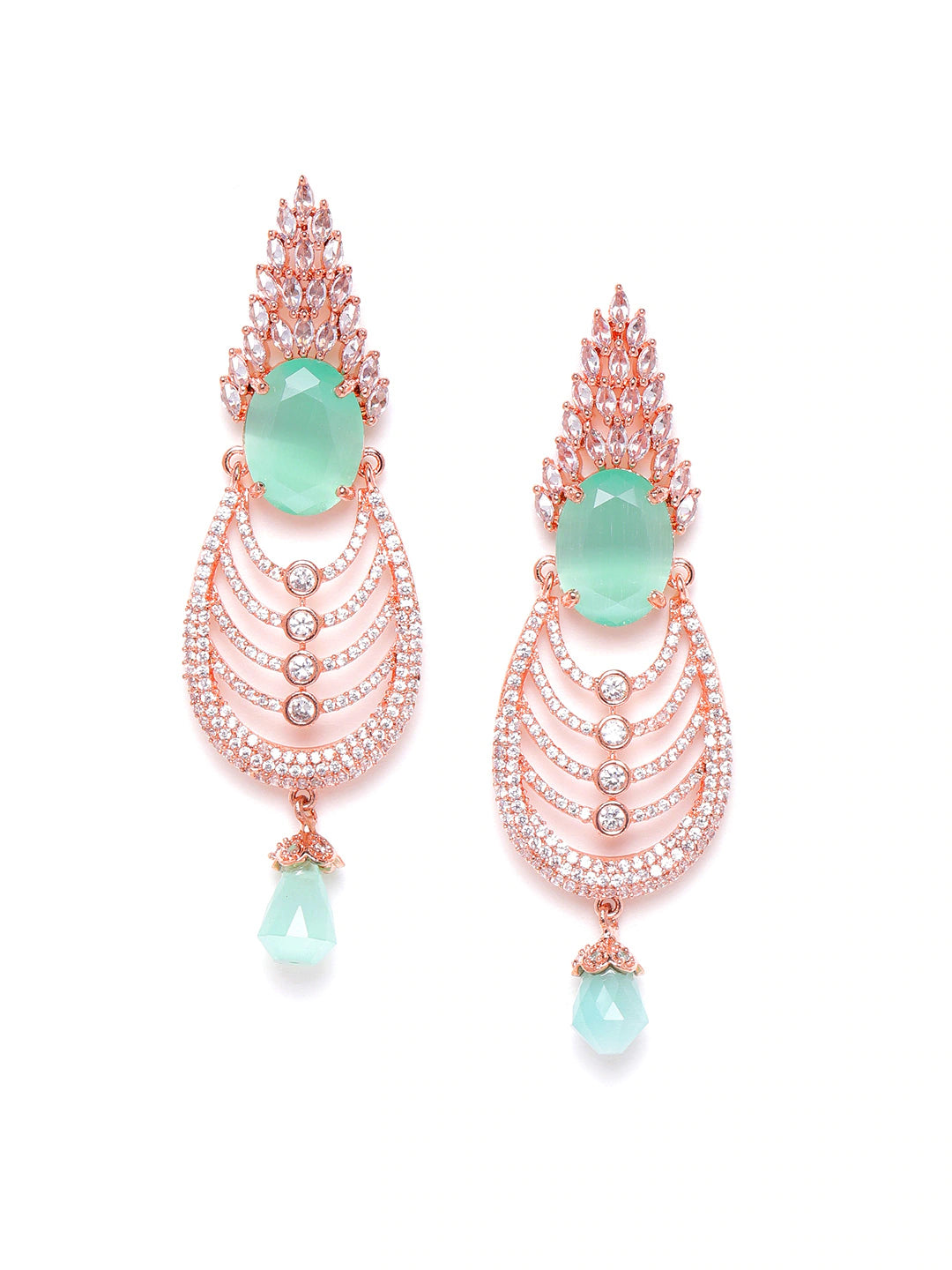 Sea Green Rose Gold-Plated AD Stone-Studded Handcrafted Drop Earrings