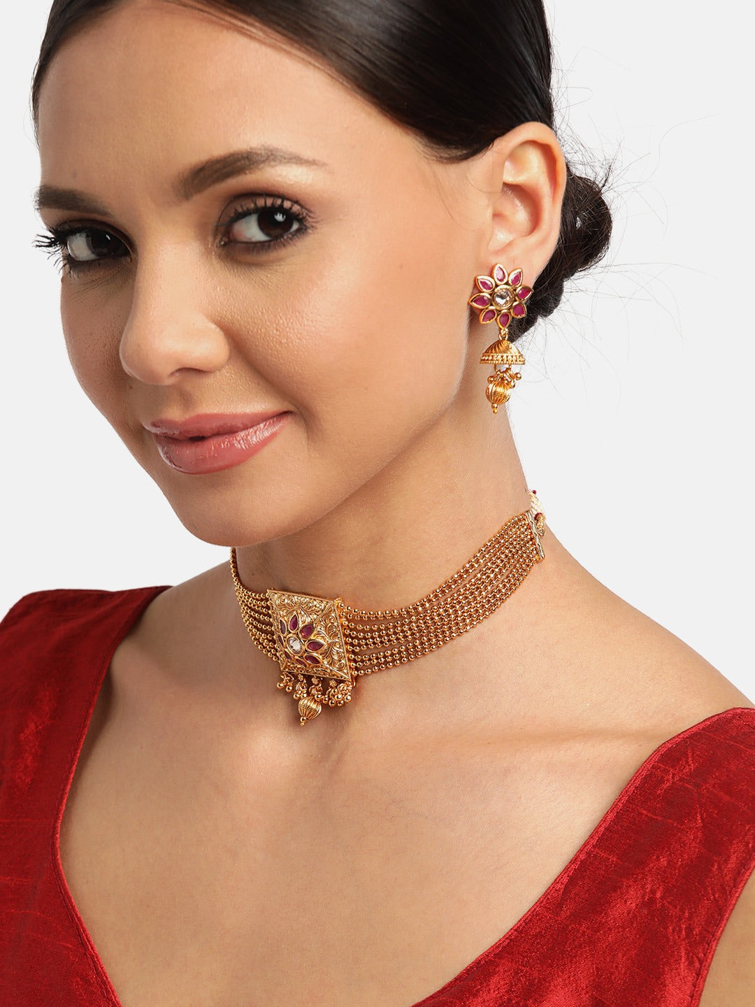 Jewels Gehna Pink Gold-Plated Stone Studded Handcrafted Jewellery Set
