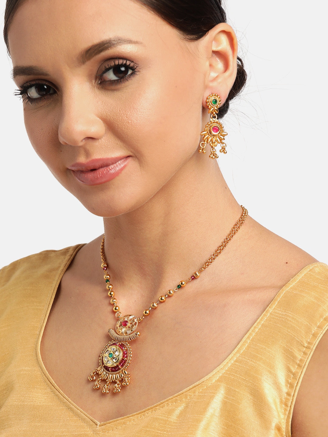 Green & Magenta Stone Studded & Beaded Handcrafted Jewellery Set