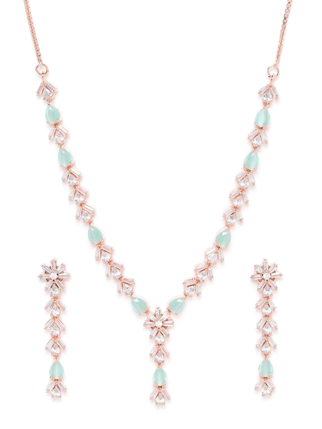 Sea Green Rose Gold Plated AD Studded Handcrafted Traditional Necklace Set ( American Diamond , Rose Gold , Sea Green )