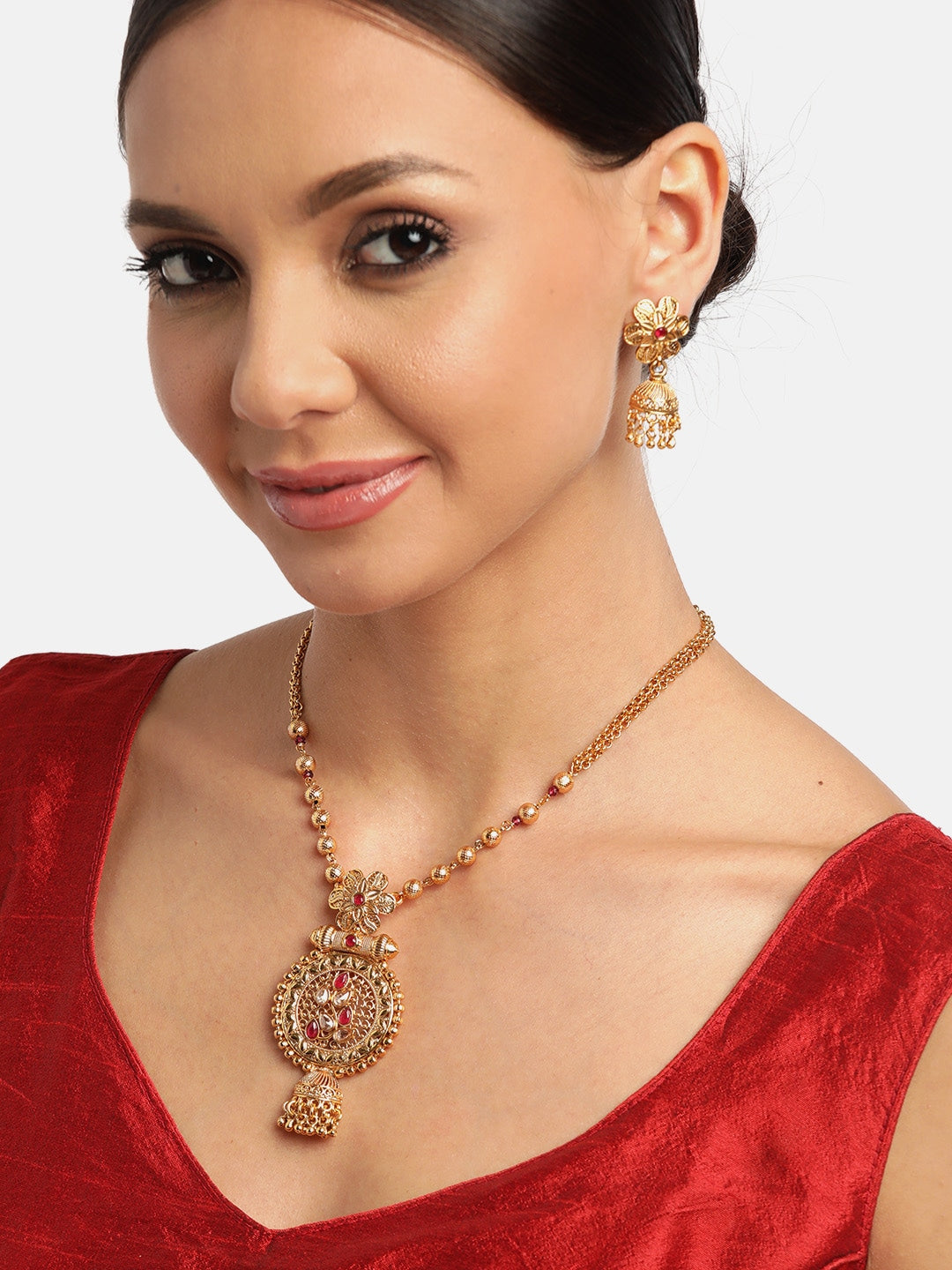 Maroon Gold-Plated Handcrafted Stone-Studded & Beaded Jewellery Set