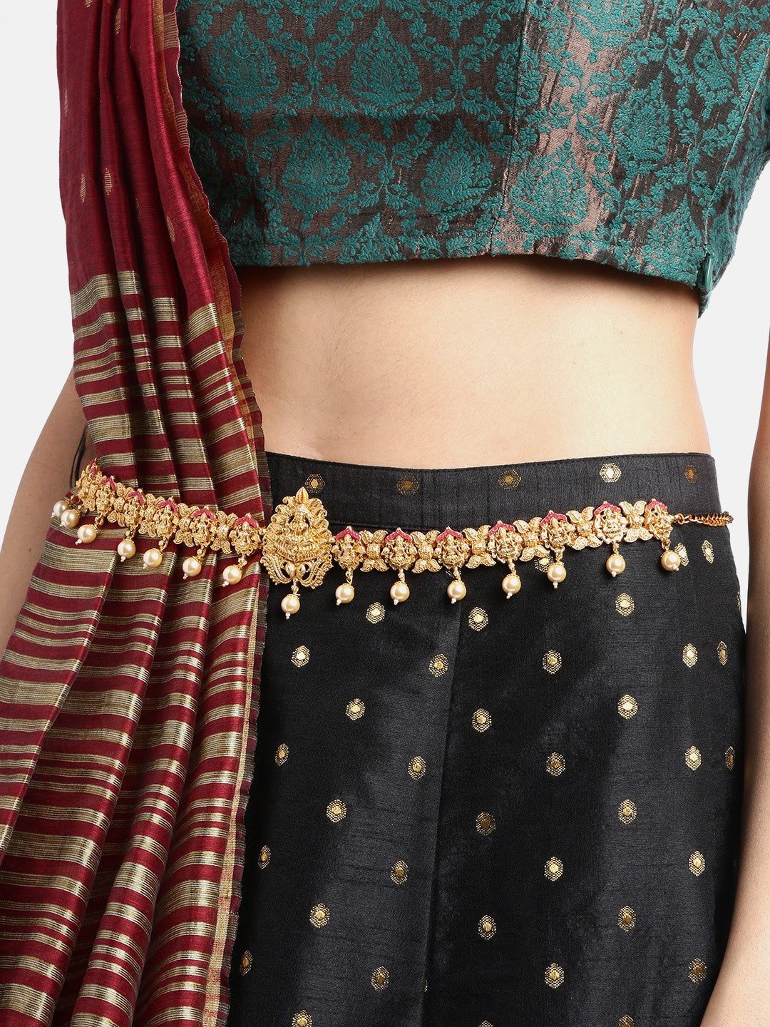 Magenta & Off-White Gold-Plated CZ-Studded & Beaded Temple Kamarbandh ( American Diamond , Gold , Magenta )
