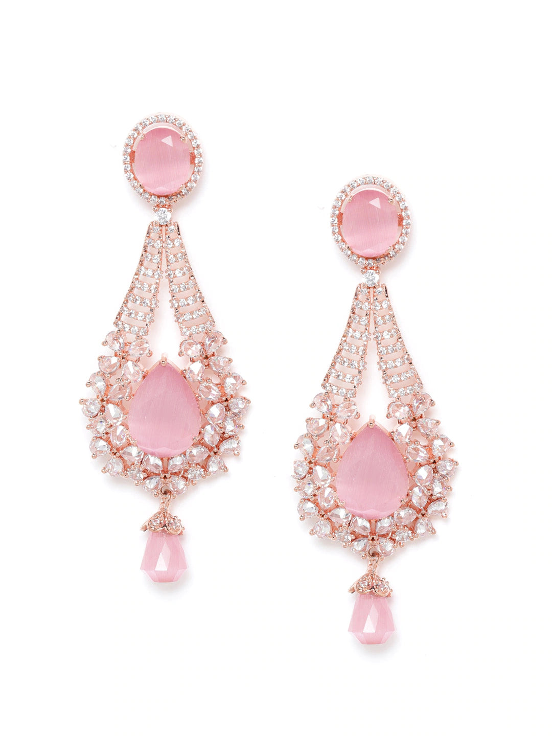 Rose Gold-Plated AD Studded Beaded Handcrafted Teardrop Shaped Drop Earrings