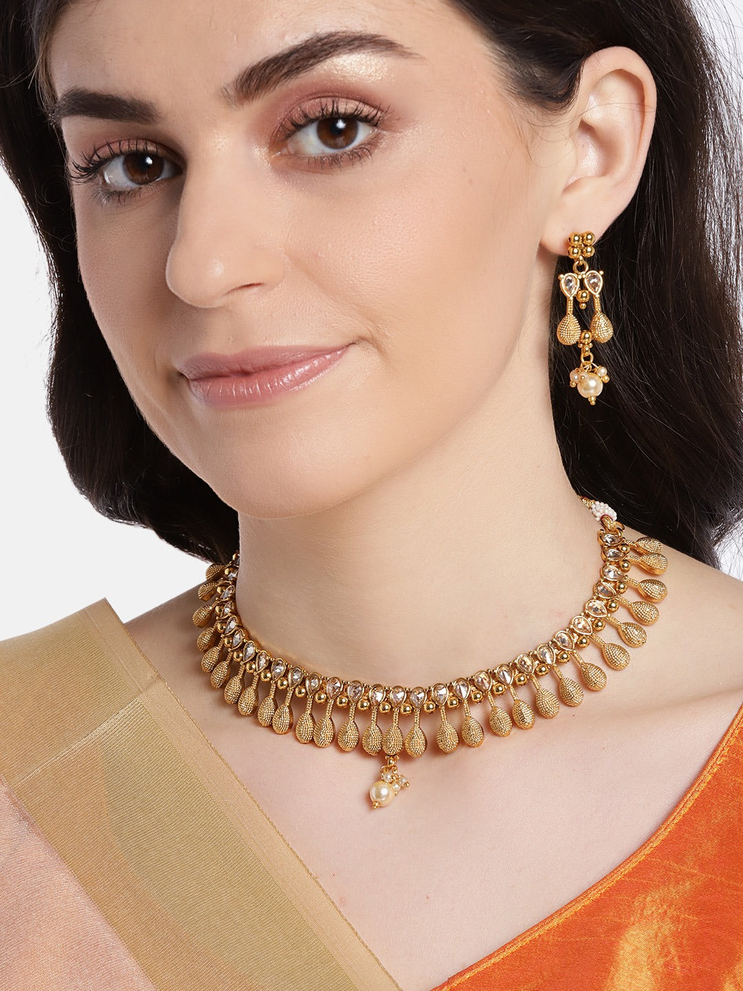 Gold-Plated AD-Studded & Beaded Handcrafted Jewellery Set